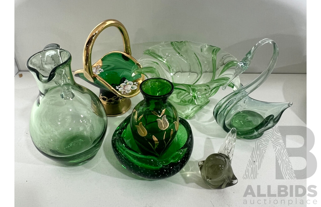 Collection Seven Green Glass Pieces Including COntrolled Bubble Ashtray, Swanform Ring Dish and More