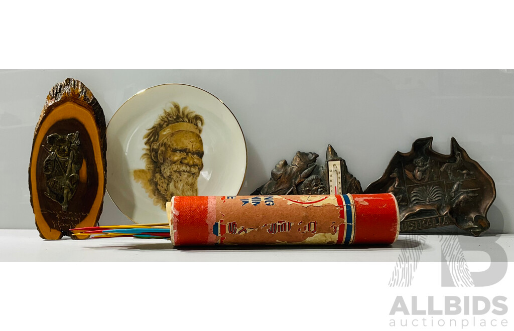 Collection of Vintage Australiana Souvenirs Including Mulga Wood with Koala, Pair of Copper Australia’s - One Dish and One Thermometer and Indigenous Man Plate, Alongside Pick Up Sticks