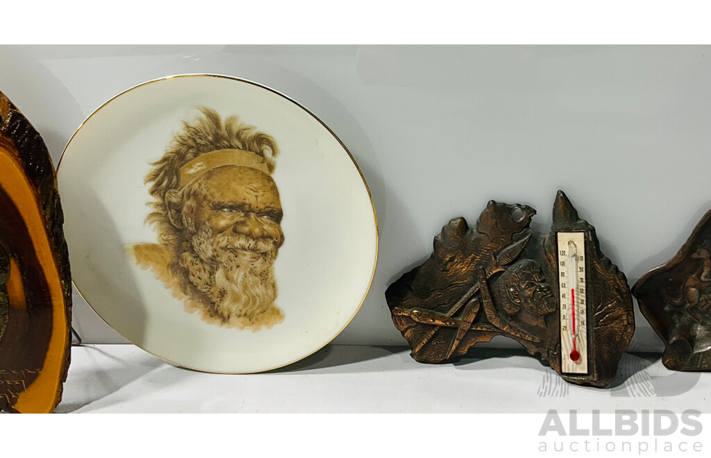 Collection of Vintage Australiana Souvenirs Including Mulga Wood with Koala, Pair of Copper Australia’s - One Dish and One Thermometer and Indigenous Man Plate, Alongside Pick Up Sticks