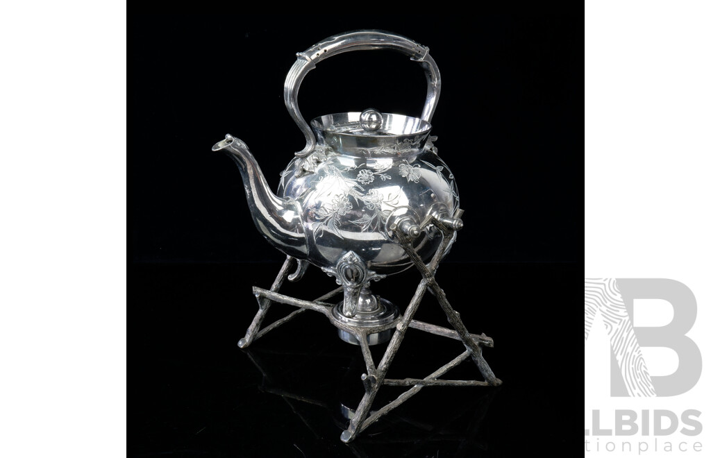 Silver Plate Spirit Kettle with Engraved Decoration on Branch Form Stand by Walker & Hall