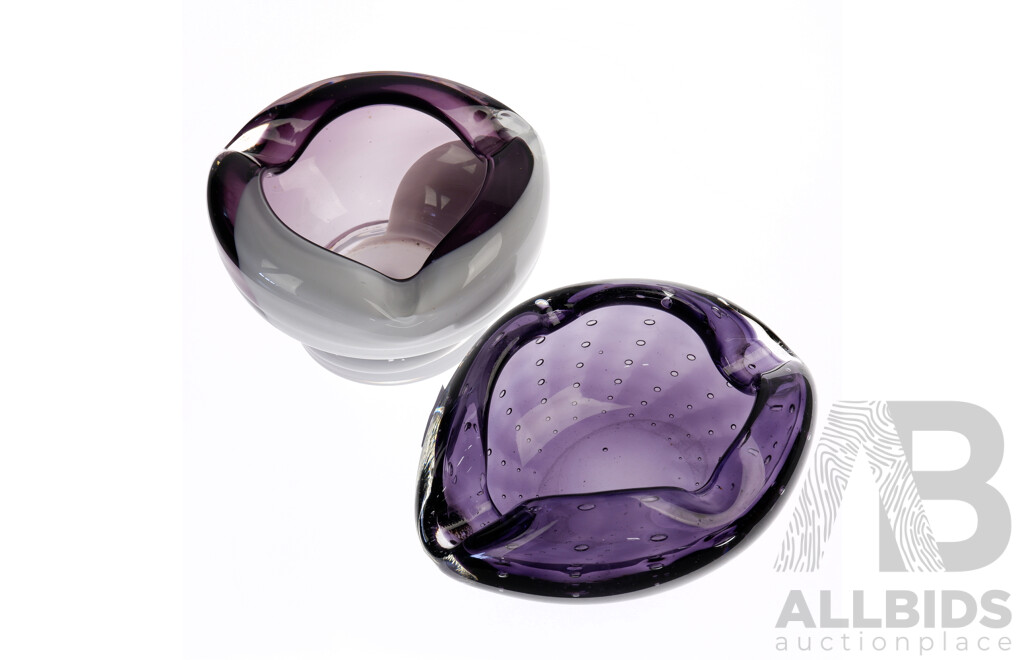 Two Retro Studio Art Glass Ashtrays Including Amethyt Glass Controlled Bubble Example