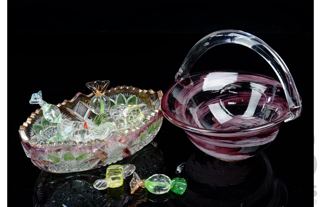 Murano Glass Style Basket Form Dish Along with Murano Glass Sweets in a Flashed Crystal Dish
