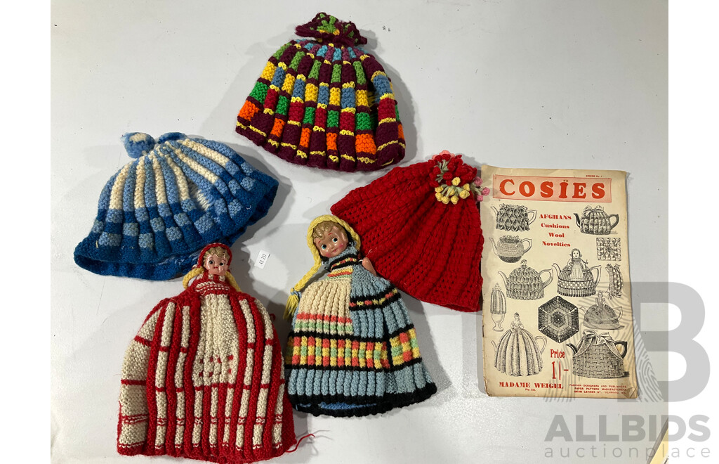 Quantity of Five Hand Made Vintage Tea Cosies, Some with Doll’s Heads, Alongside an Instruction Booklet