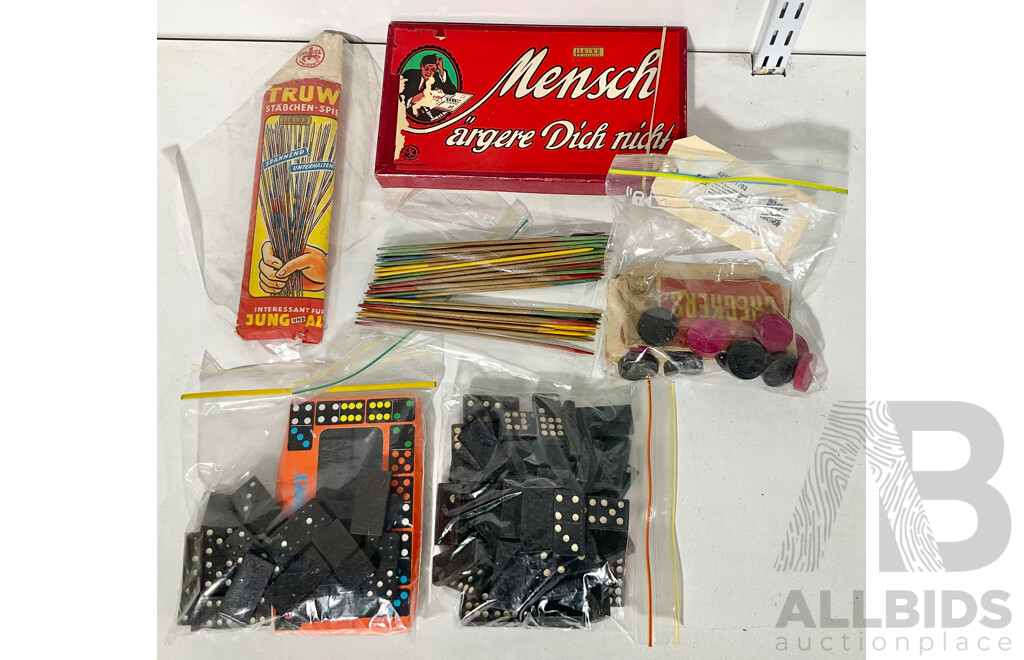 German Board Game ‘Mensch Argere Dich Nicht’ Alongside Other Vintage Games Including Pick Up Sticks, Checkers and Dominoes