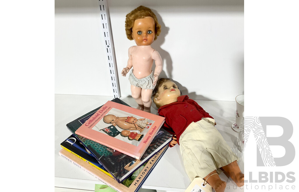Pair of Vintage Dolls Including Bisque Doll with Articulated Head, Arms and Legs with Sleepy Glass Eyes, Alongside Four Books Including Antique Dolls of China and Bisque and More