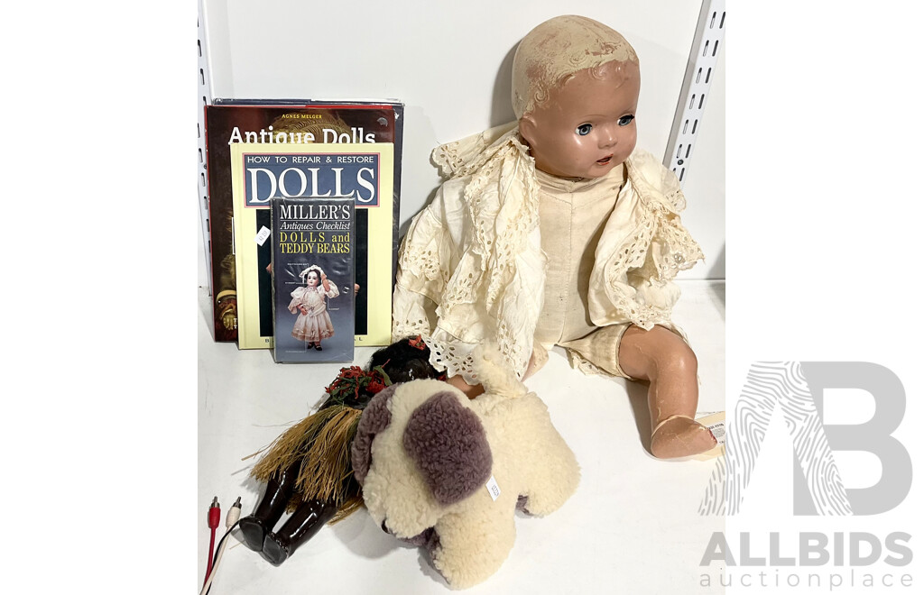 Vintage Doll with Composite Head, Arms and Legs, Stuffed Torso, Sleeping Eyes, Rag Tongue and Voice Box (Not Working) Alongside Vintage Hula Doll with Grass Skirt and More