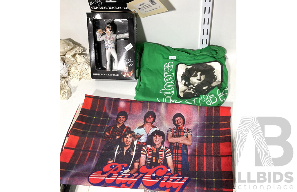 Bay City Roller Pillow Case, Doors Tshirt and the Original Wackel-Elvis in Box