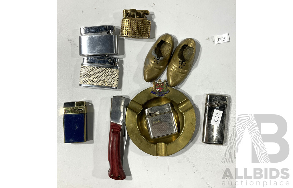 Collection of Six Vintage Cigarette Lighters, Including One of Gold Glomesh and More
