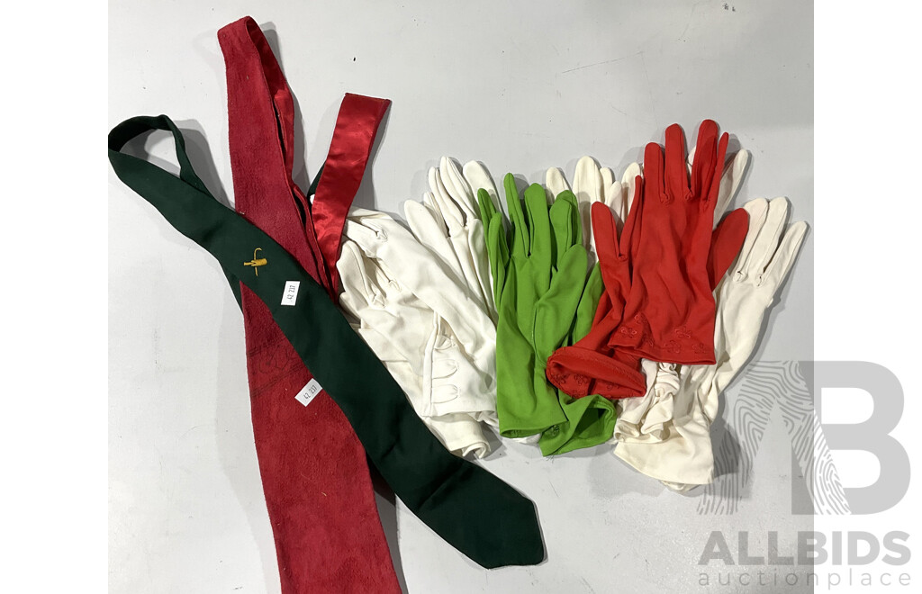 Retro Red Deer Suede Tie, Vintage Cricket Tie and  Six Pairs of Ladies Gloves