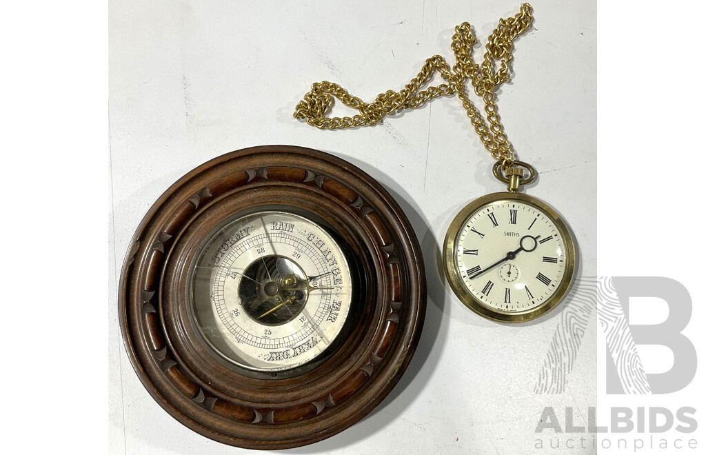 Vintage Aneroid Barometer Alongside a Smiths Large  Pocket Watch on Chain