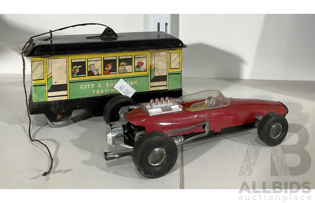 Wyn-Toy Australia ‘City and Suburban Tramways’ Tinplate Tram C1947 Alongside Vintage Model Racing Car (with Missing Wheel)