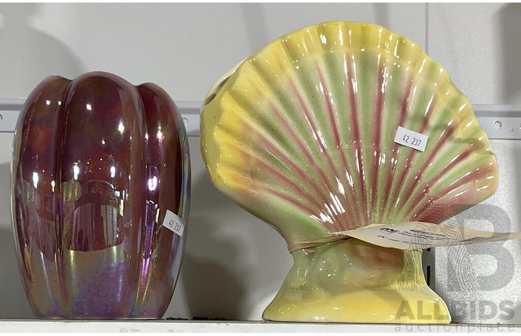 Duo of Vintage Australian Glazed Potted Vases - Preston Pottery Australia and Shell Vase by Pates Sydney