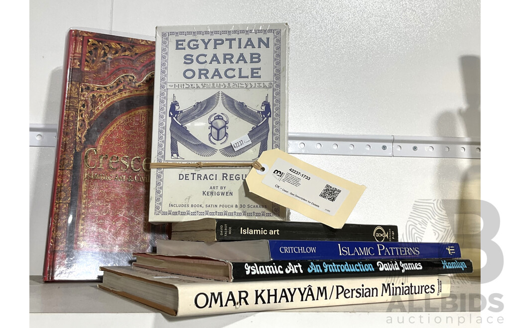 Collection of Five Islamic Books Including Islamic Art and Persian Miniatures - Rubaiyat of Omar Khayyam, Alongside an Unopened Egyptian Scarab Beetle Oracle Box