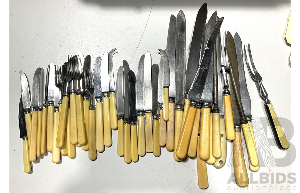 Large Collection of Bone Handled Knives, Forks, Carving and Bread Knives, Sharpening Steels and Cheese Knives