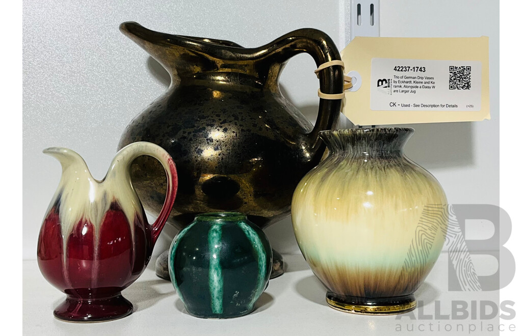 Trio of German Drip Vases by Eckhardt, Kleine and Keramik, Alongside a Daisy Ware Larger Jug