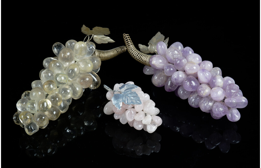 Three Examples Hardstone Grape Bunches Including Amethyst
