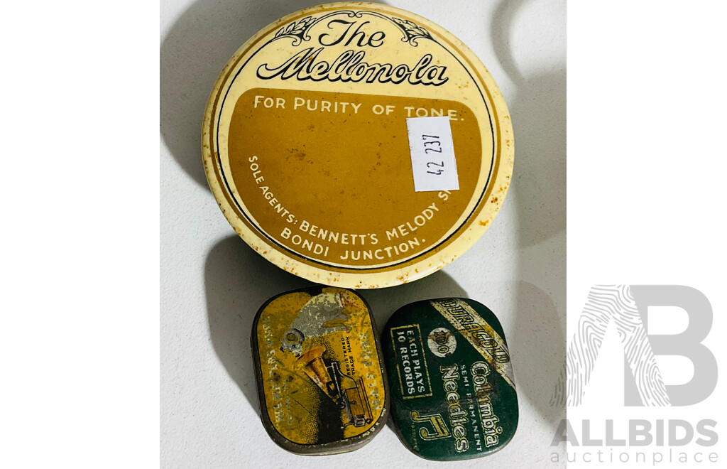 Collection of Vintage Items Including Gramaphonr Record Duster ‘the Mellonola - Bondi Junction’ AlongsideTwo Tins of Needles (Columbia and HMV), a PhiliShaver Egg C1954 with Original Bag, Guarantee and Instructions and More