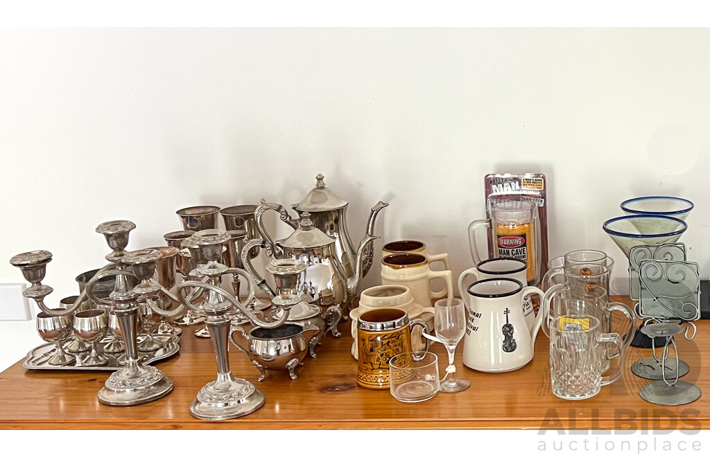 Collection of Homewares Including Silver Plate,  Glass and Ceramics Including Tea and Coffee Pot and Candelabra