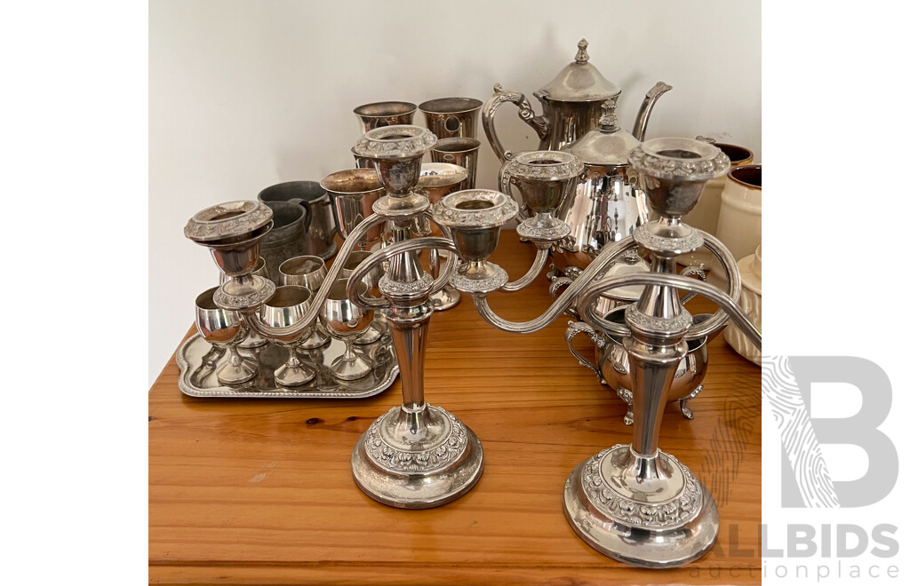 Collection of Homewares Including Silver Plate,  Glass and Ceramics Including Tea and Coffee Pot and Candelabra