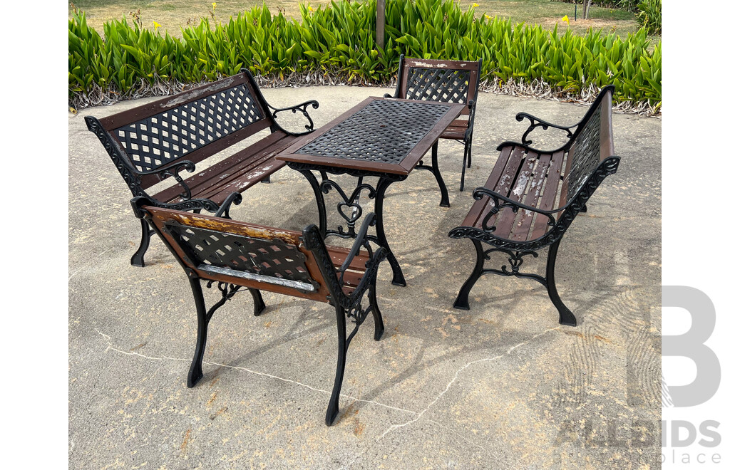 Five Piece Wrought  Iron and Wood Outdoor Setting Seats Six.