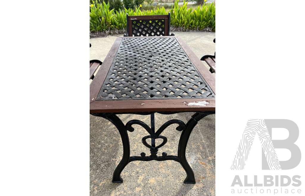 Five Piece Wrought  Iron and Wood Outdoor Setting Seats Six.