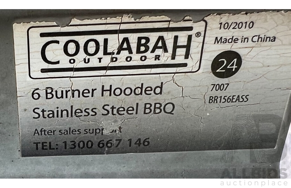 Coolabah 6 Burner Hooded Stainless Steel BBQ With Side Burner BBQ. Includes New Cover, Tools and Drink Cooler Jugs