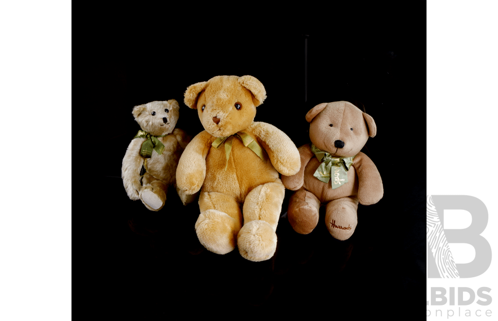 Collection Three Harrods Teddy Bears Including Small Example with Mohair Body Hand Sewn Silk Nose, Made in Kent