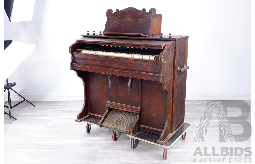 Antique Wooden Foot Pedal Operated Organ and Carved Detail