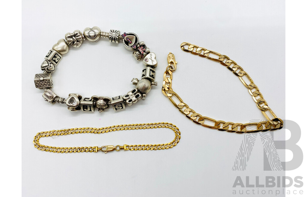 Pandora Braclet with 17 Charms with Two Gold Plated Chains