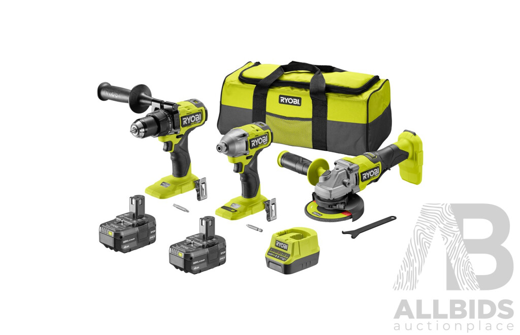 Ryobi 18V ONE+ HP Brushless 3-Piece Kit - Impact Driver, Hammer Drill, Grinder - New - RRP $499.00