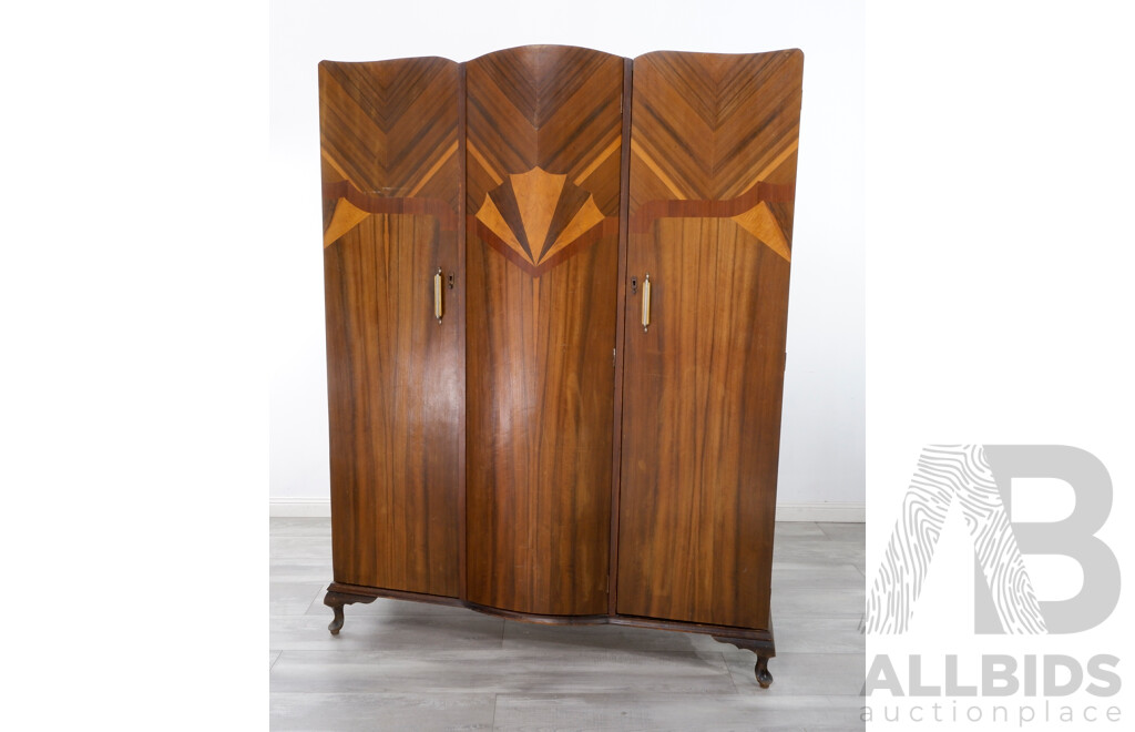 Vintage Art Deco Walnut Wardrobe With Maple Veneer Inlay and Silky Oak Drawer Fronts, Circa 1940's