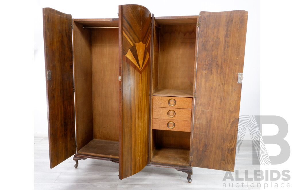 Vintage Art Deco Walnut Wardrobe With Maple Veneer Inlay and Silky Oak Drawer Fronts, Circa 1940's