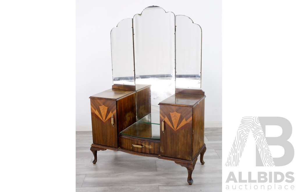 Vintage Art Deco Walnut Dresser With Maple Veneer Inlay and Silky Oak Drawer Fronts, Circa 1940's