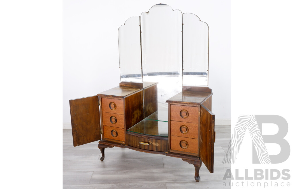 Vintage Art Deco Walnut Dresser With Maple Veneer Inlay and Silky Oak Drawer Fronts, Circa 1940's