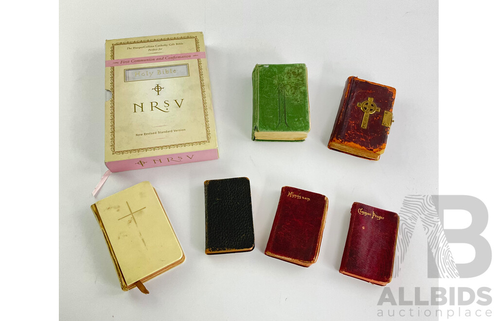 Collection of Antique and Vintage Bibles, Prayer Books and Hymn Books Including Cica 1870 Common Prayer Book, HarperCollins Catholic First Communion and Confirmation Bible and More