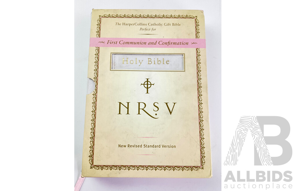 Collection of Antique and Vintage Bibles, Prayer Books and Hymn Books Including Cica 1870 Common Prayer Book, HarperCollins Catholic First Communion and Confirmation Bible and More