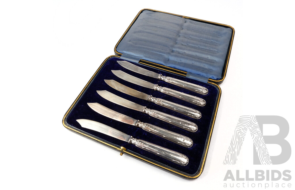 Antique Sterling Silver Six Knife Set in Original Case, Herny Wigfull, Sheffield, 1912, 140 Grams