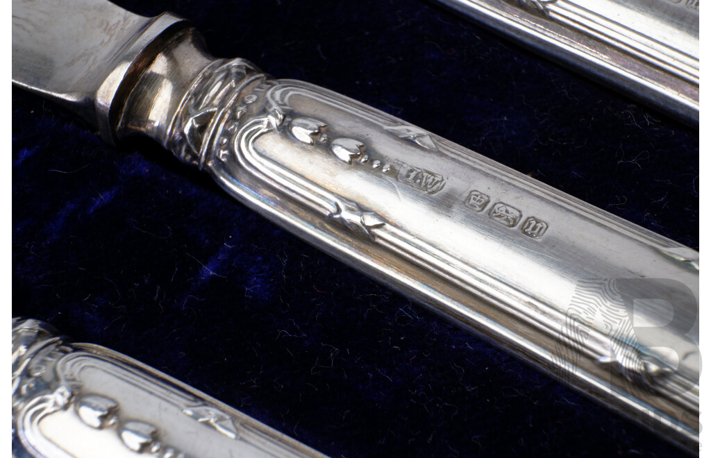 Antique Sterling Silver Six Knife Set in Original Case, Herny Wigfull, Sheffield, 1912, 140 Grams