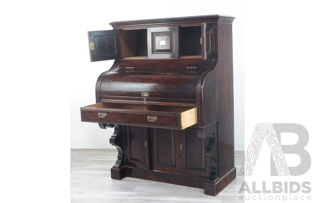 Late Victorian Dark Stained Kauri Pine Hand Constructed Piano-Top Desk