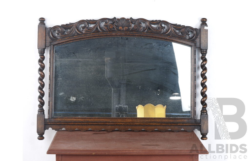 1920s Jacobean Style English Oak Wall Mirror with Carved Shell Motif and Barley Twist Sides