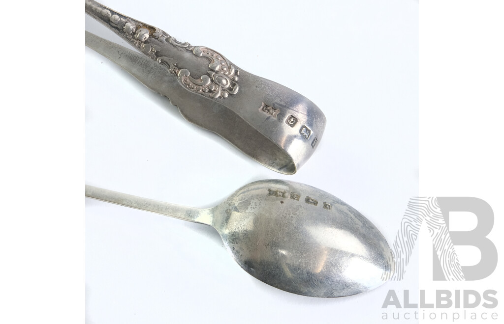 Antique Sterling Silver Spoon and Sugar Nip Set in Original Case, Charles Wilkes, Birmingham, 1908 - Total Weight 47 Grams