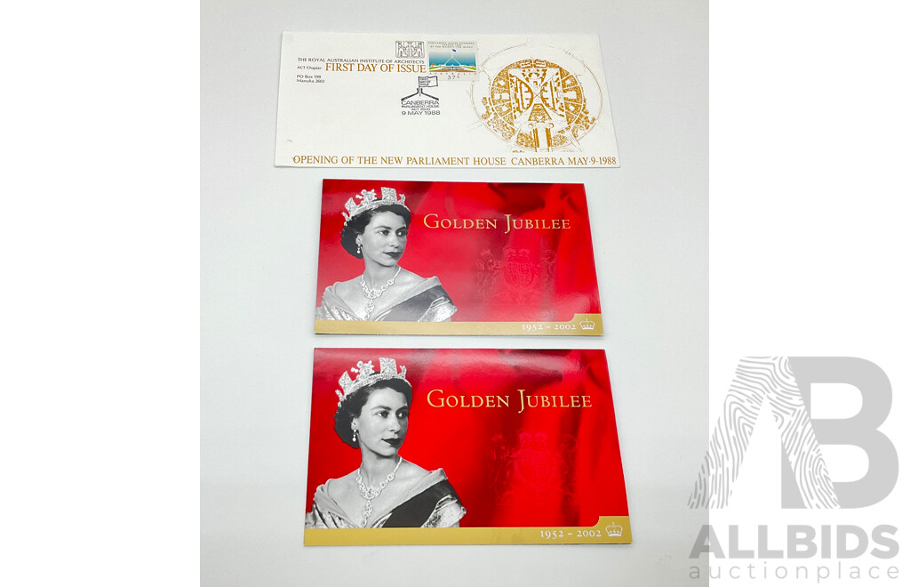 Two Queen Elizabeth II Golden Jubilee Stamp Packs and First Issue of the Opening of New Parliament House May 9 1988