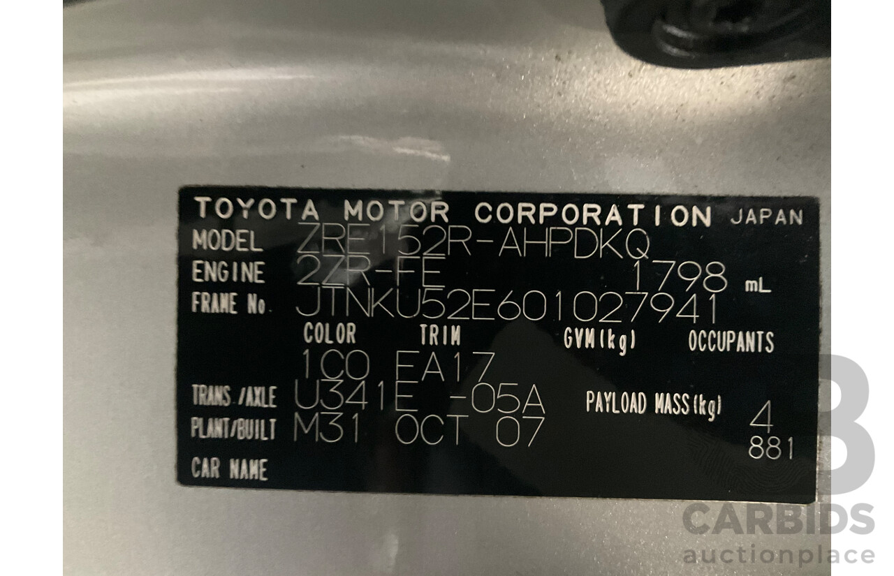 10/2007 Toyota Corolla Ascent ZRE152R 5d Hatchback Silver 1.8L