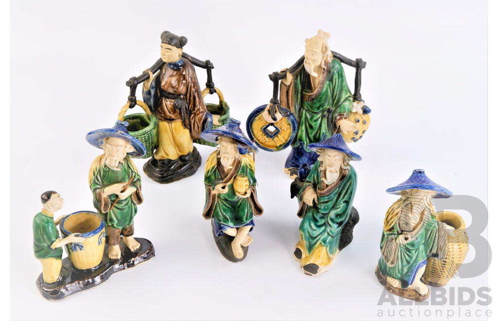 Collection Six Chinese Mudmen Figures Including Two Examples with Yokes