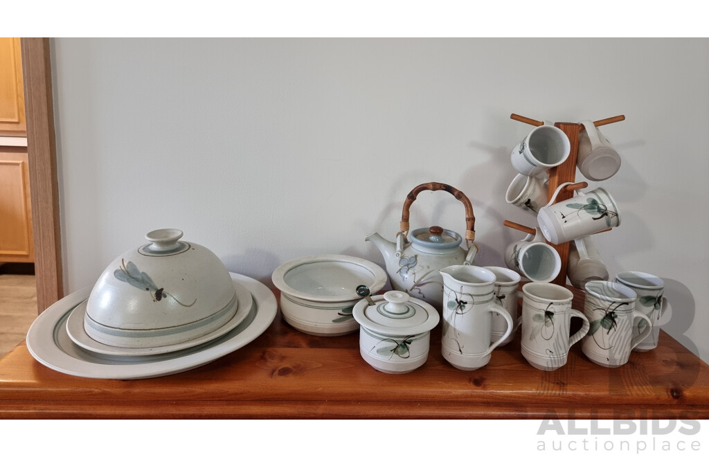 Collection of Australian Pottery Includes Platter, Cheese Plate and Cloche, Mugs and Others - Quantity of 16 Pieces