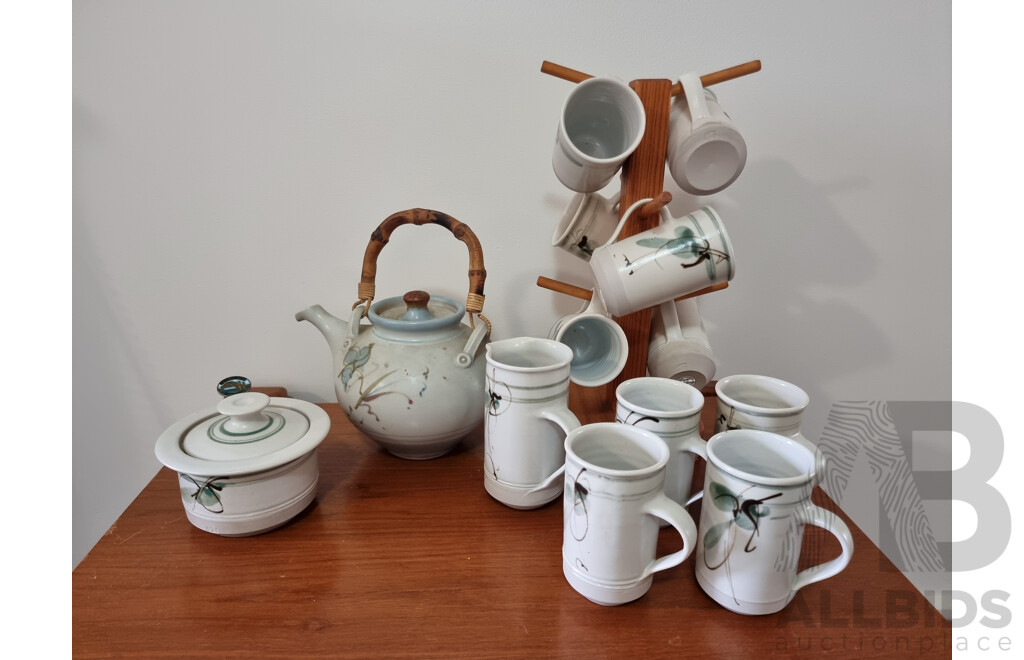 Collection of Australian Pottery Includes Platter, Cheese Plate and Cloche, Mugs and Others - Quantity of 16 Pieces