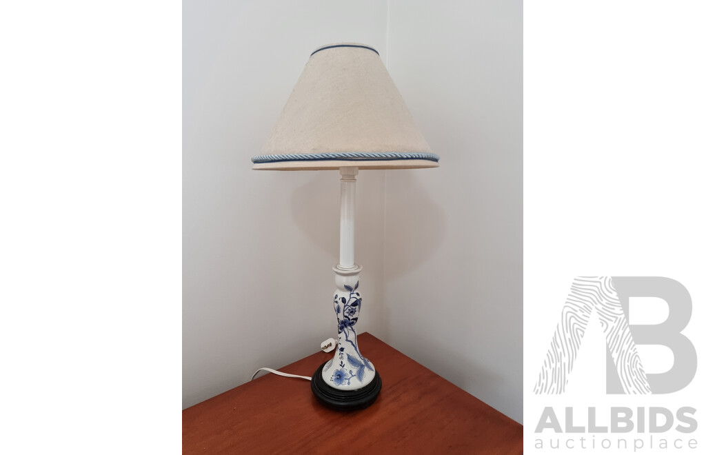 Bedside Lamp With Painted Porcelain Base and Canvas Shade