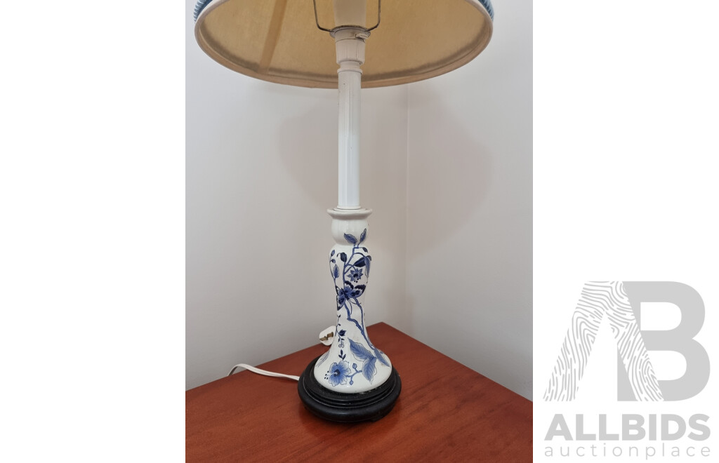 Bedside Lamp With Painted Porcelain Base and Canvas Shade