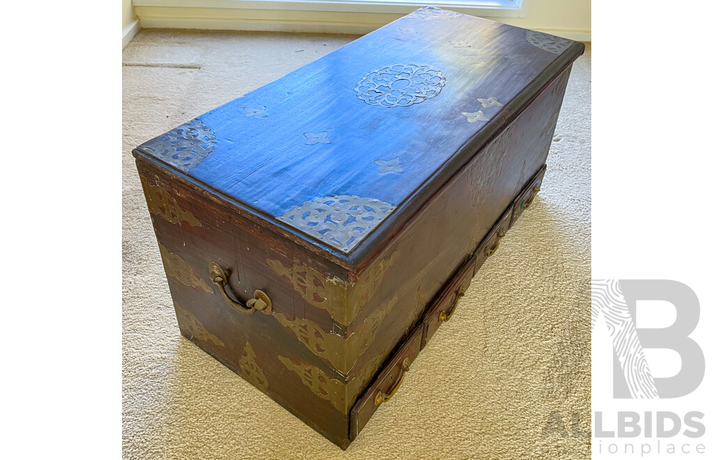 Interesting Indian Brass Mounted Hardwood Chest with Hidden Compartments