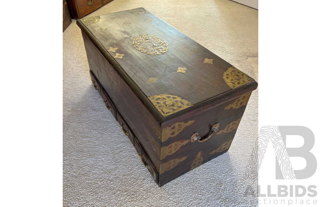 Interesting Indian Brass Mounted Hardwood Chest with Hidden Compartments